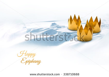 Three King's Day Symbolized By Tinkered Crown On A Snowy Background With Happy Epiphany Text