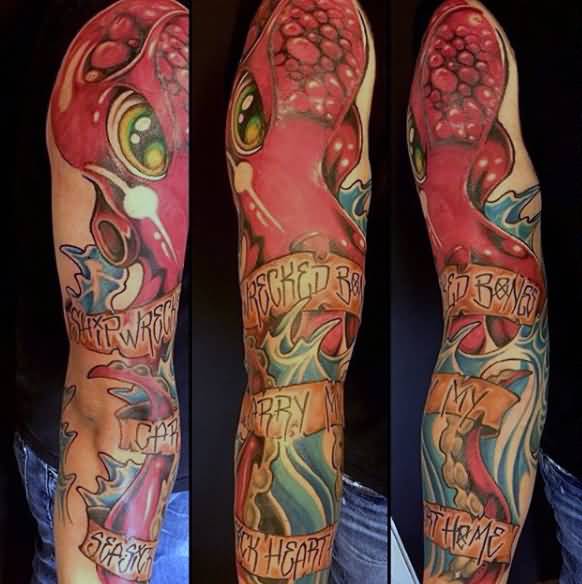 Attractive Octopus With Banner Tattoo On Full Sleeve