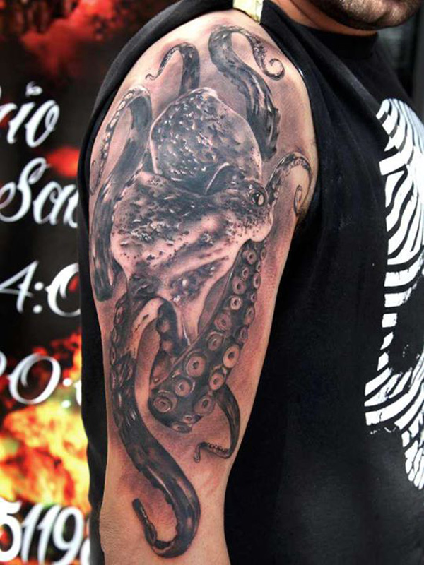 Black And Grey 3D Octopus Tattoo On Man Right Half Sleeve