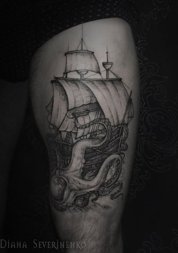 Black And Grey Octopus With Ship Tattoo Design For Sleeve