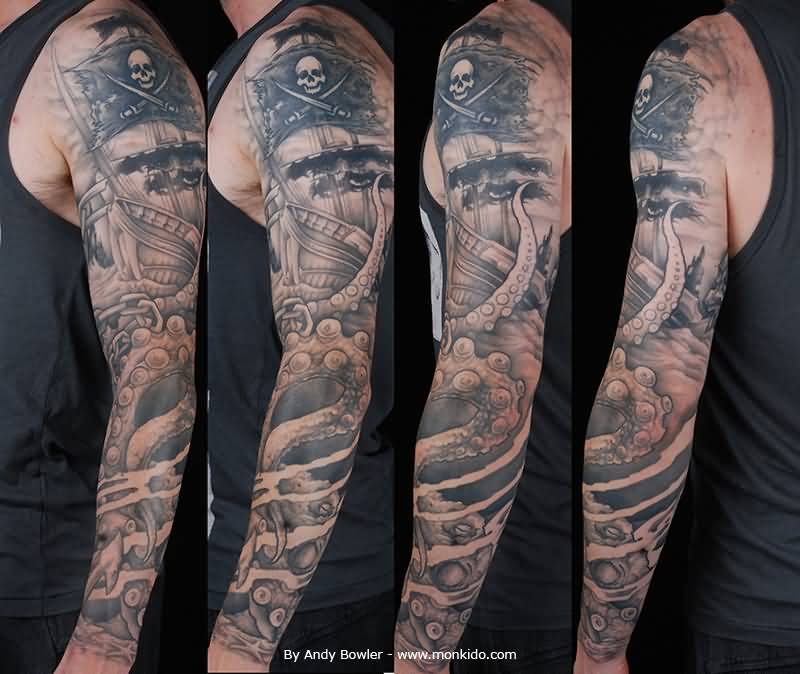 Black And Grey Octopus With Ship Tattoo On Left Full Sleeve