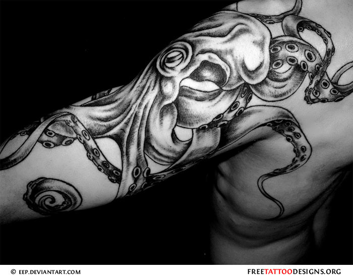 Black Ink Octopus Tattoo On Left Half Sleeve