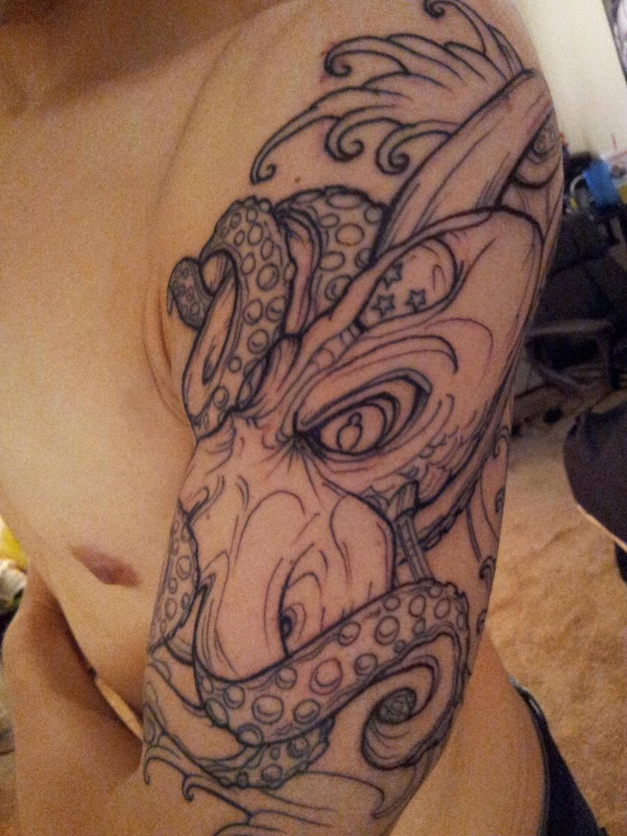 Black Outline Octopus Tattoo On Man Left Half Sleeve