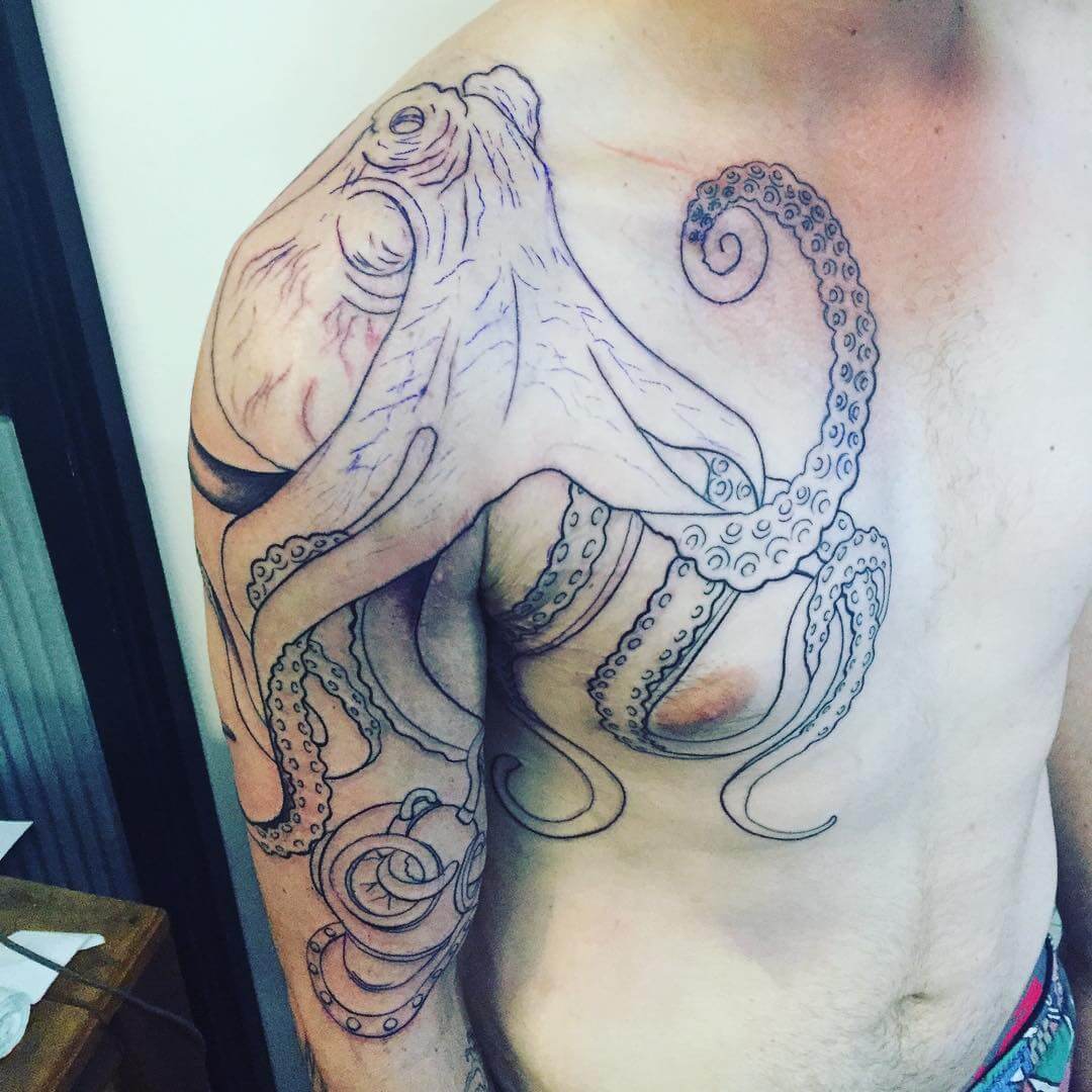 Black Outline Octopus Tattoo On Man Right Half Sleeve And Shoulder