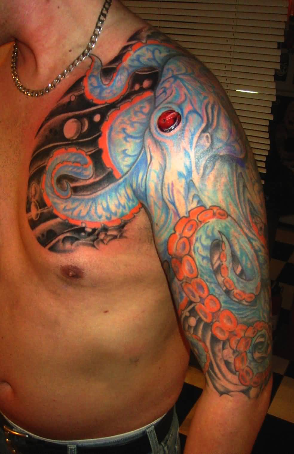 Colorful Octopus Tattoo On Man Left Half Sleeve