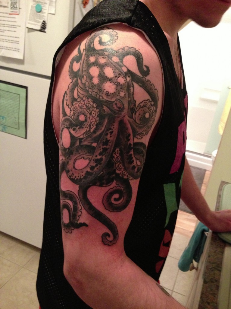 Dotwork Octopus Tattoo On Man Right Half Sleeve