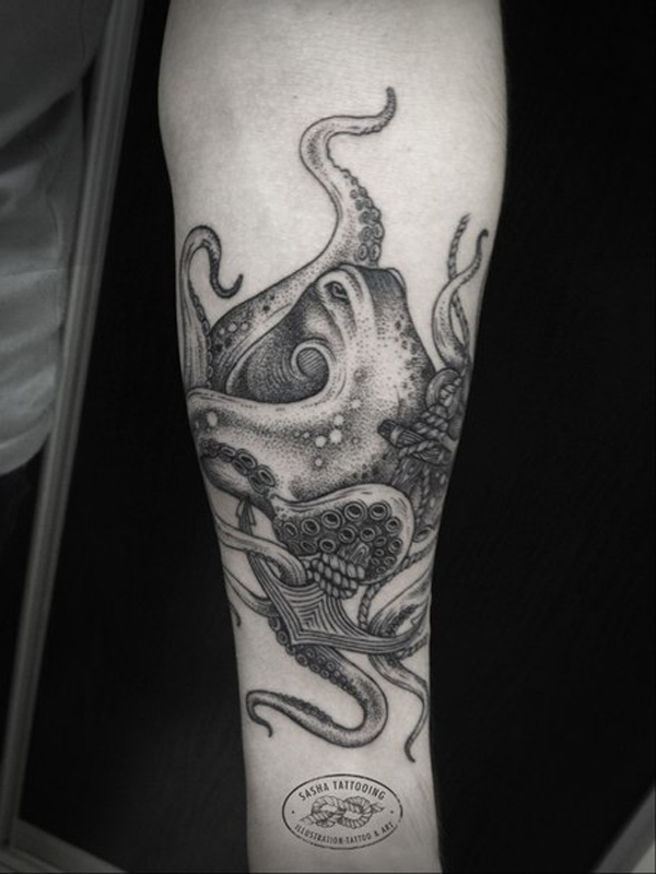 Grey Ink Octopus Tattoo Design For Sleeve