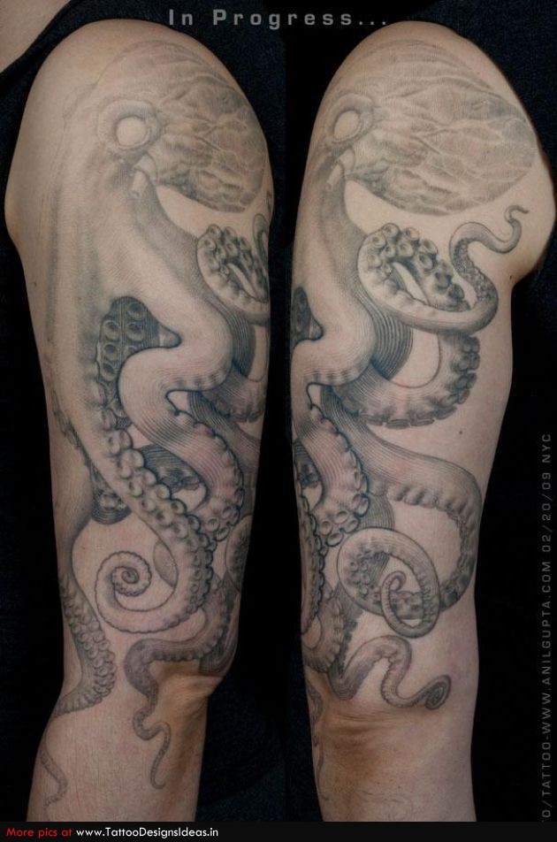 Grey Ink Octopus Tattoo On Man Left Half Sleeve