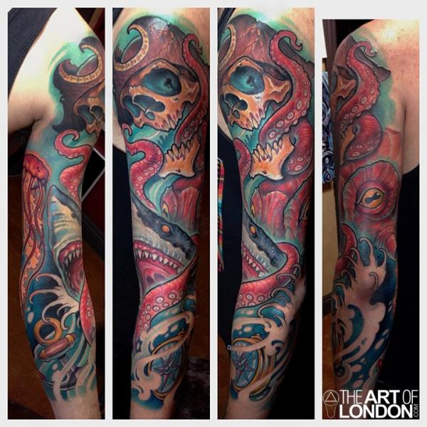 Octopus With Shark And Skull Tattoo On Man Full Sleeve