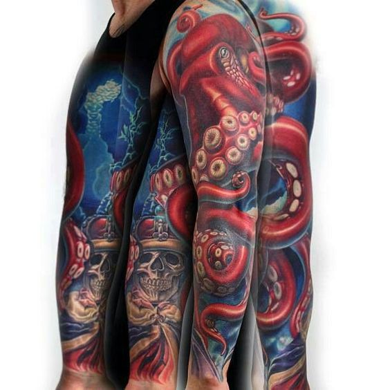 Realistic Octopus Tattoo On Man Left Full Sleeve