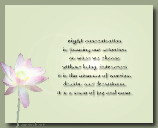 Right Concentration is focusing our attention on what we choose without being distracted. It is the absence of worries, doubts, and drowsiness. It is a state of joy and ease