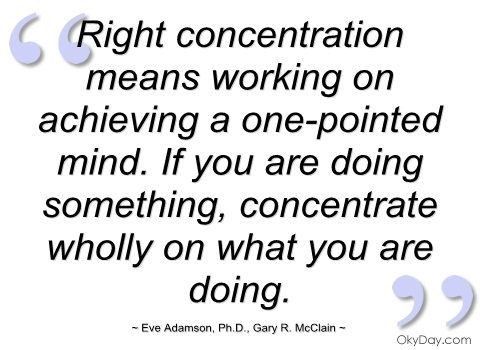 Right Concentration means working on achieving a one pointed mind. If you are doing something, concentrate wholly on what you are doing. Eve Adamson