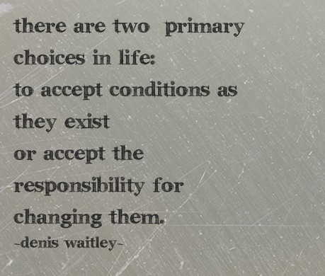 There are two primary choices in life to accept conditions as they exist, or accept the responsibility for changing them. Denis Waitley