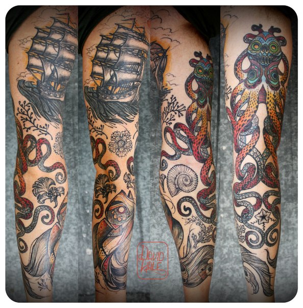 Traditional Octopus With Ship Tattoo On Full Sleeve