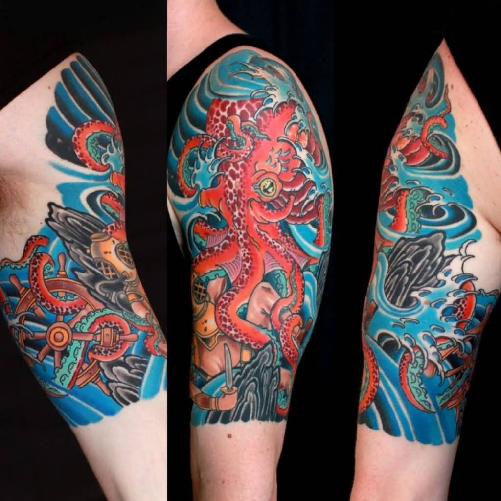 Traditional Octopus With Ship Wheel Tattoo On Man Left Shoulder