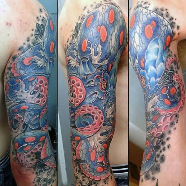 Unique Colorful Octopus Tattoo On Man Right Half Sleeve