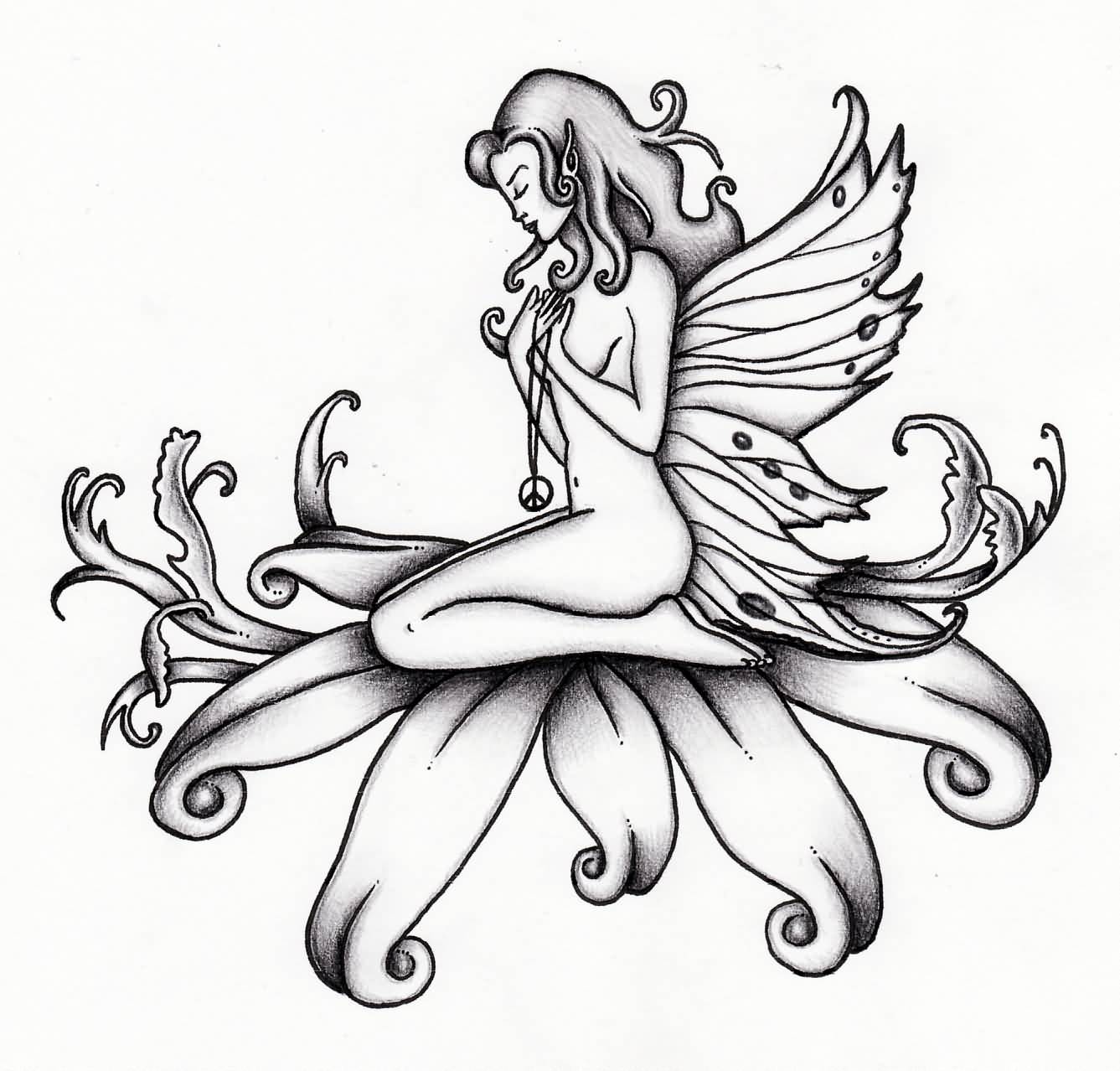 Black Ink Flying Fairy On Flower Tattoo Design