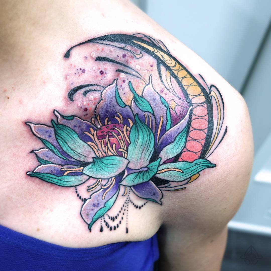 Colorful Lotus Flower Tattoo On Girl Left Front Shoulder By Anaïs Allnt