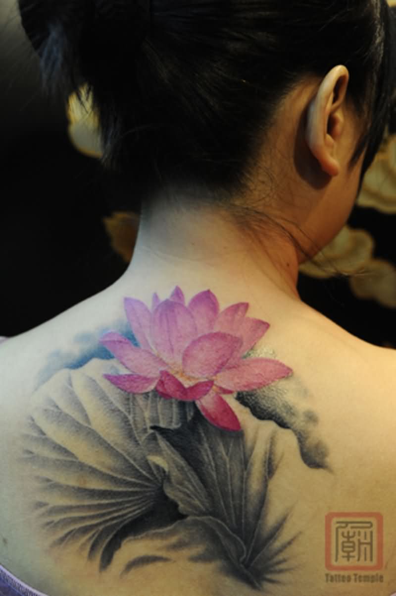 Cool Pink Ink Lotus Flower Tattoo On Girl Back Neck