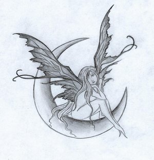 Grey Ink Fairy On Half Moon Tattoo Design By Laery