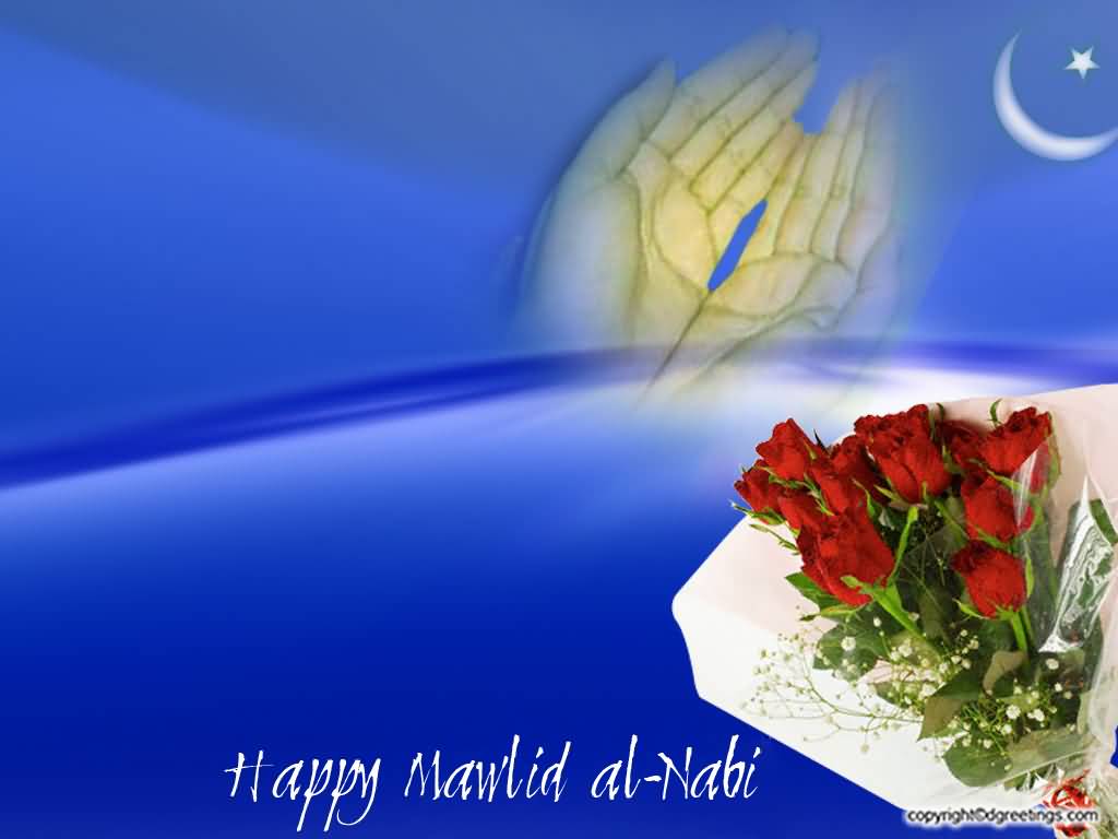 Happy Mawlid Al-Nabi Praying Hands And Rose Flowers Bouquet