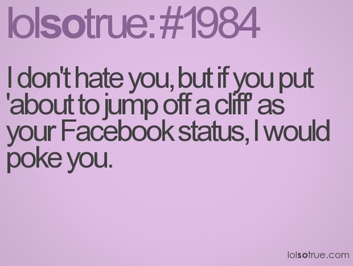 I don’t hate you, but if you put ‘about to jump off a cliff’ as your Facebook status, I would poke you.