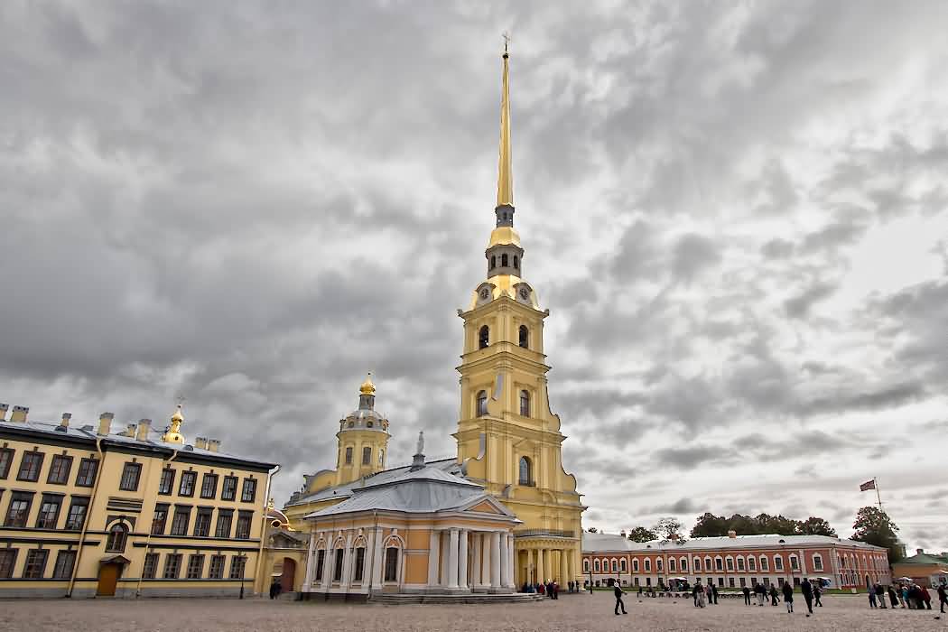 Beautiful View Of The Peter And Paul Cathedral With Black Clouds