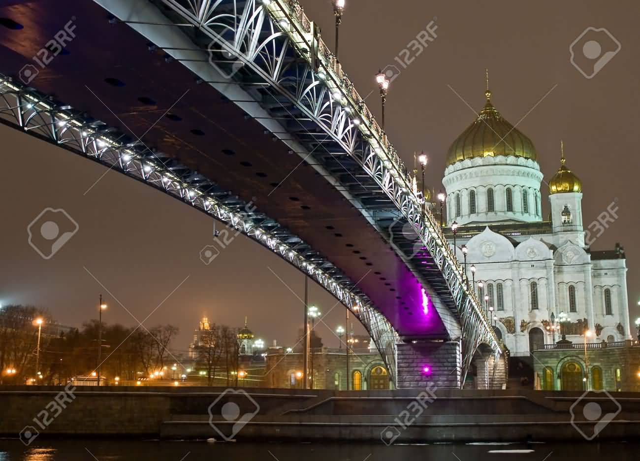 Cathedral Of Christ The Saviour In Moscow Night View With Bridge