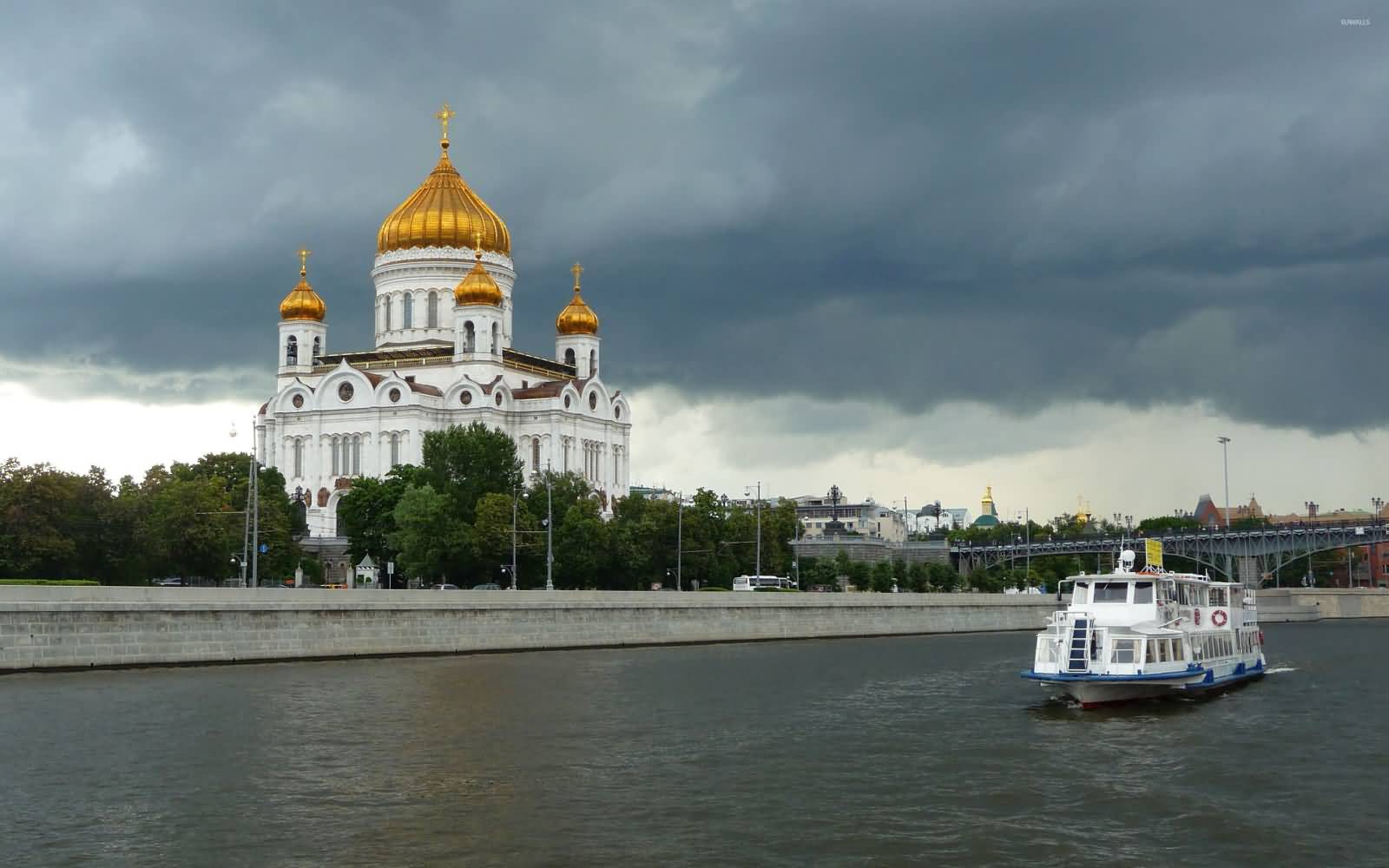 Cathedral Of Christ The Saviour View And Ferry In Moskov River