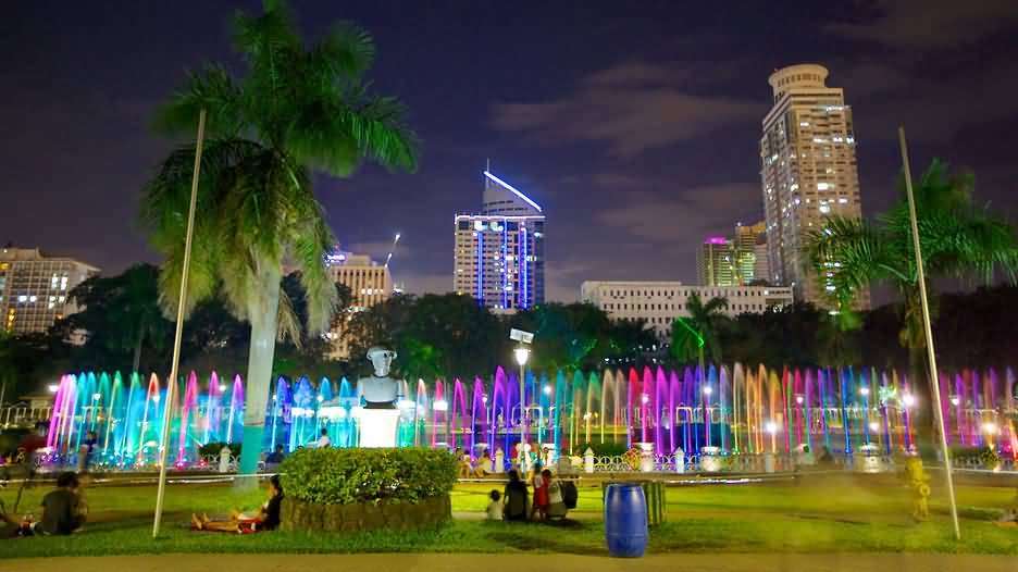 Colorful Fountain At The Rizal Park At Night