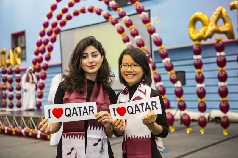 Girls With I Love Qatar On National Qatar Day Celebration