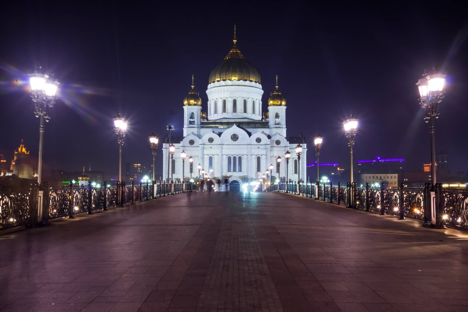 Lights Lamps On Patriarchal Bridge Leading To Cathedral Of Christ The Saviour At Night