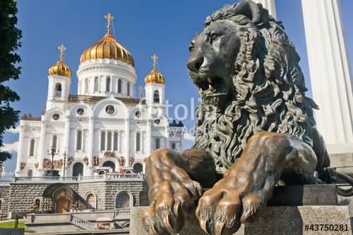 Manument Lion With Cathedral Of Christ The Saviour In Moscow