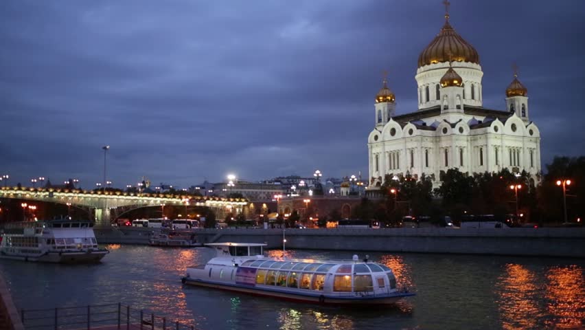 Modern Ships Sail On River Near Cathedral Of Christ The Saviour At Night