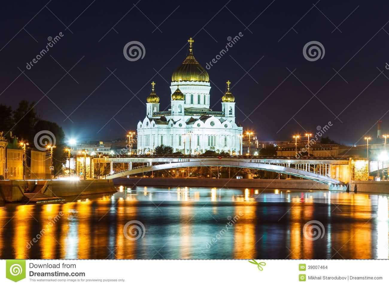 Moskva River And Cathedral Of Christ The Saviour At Night