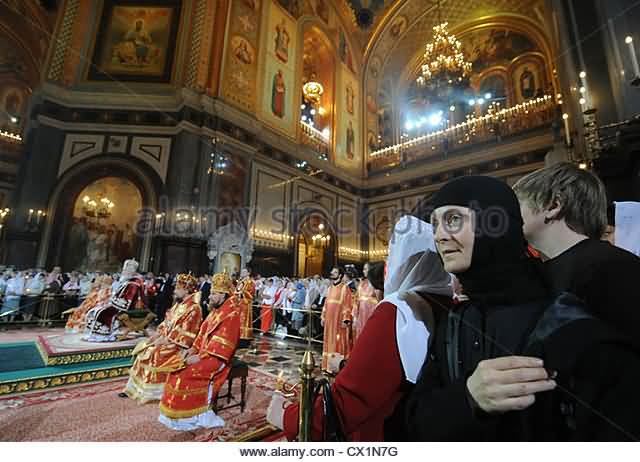 Orthodox Clergymen And Believers Attend An Easter Mass Inside The Cathedral Of Christ The Saviour