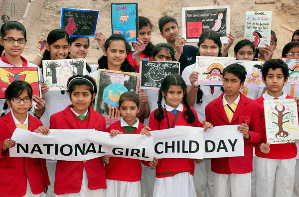 School Girls Holding Banner National Girl Child Day