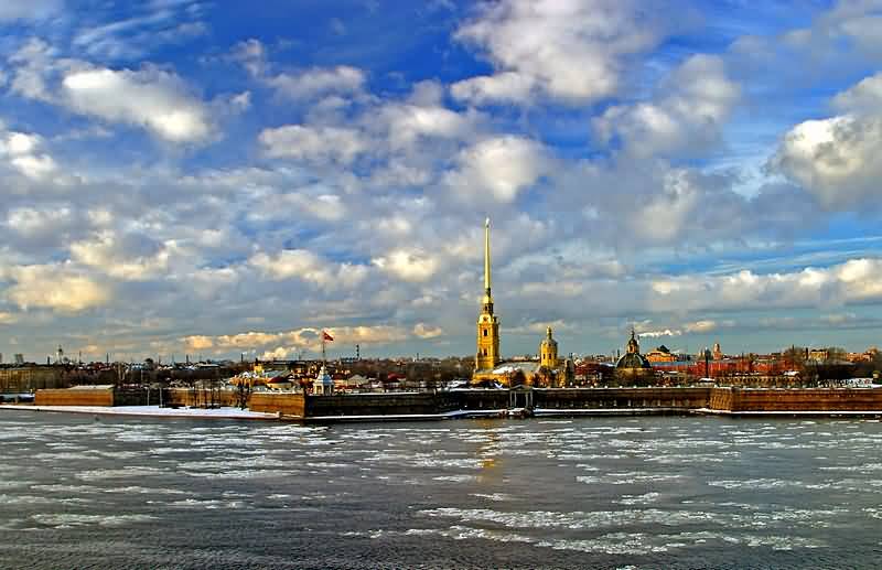 Spring Scene On The Neva River Opposite The Peter And Paul Cathedral In Saint Petersburg