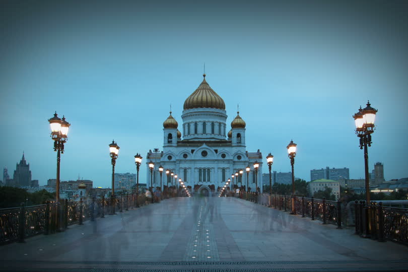 Street Lamps On Bridge Leading To The Cathedral Of Christ The Saviour