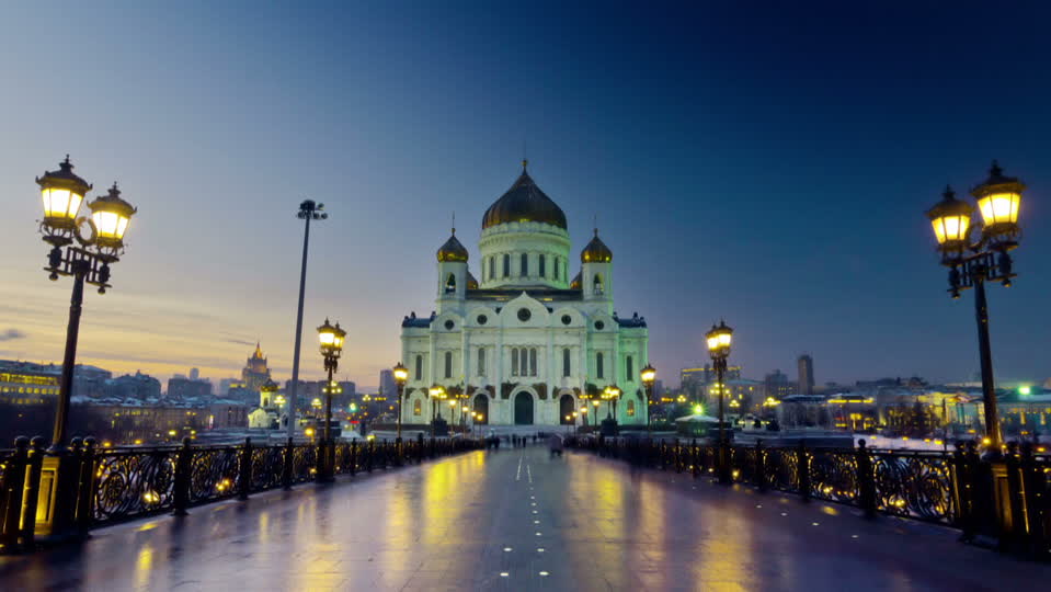 Street Lamps On Patriarchal Bridge Leading To Cathedral Of Christ The Saviour At Night