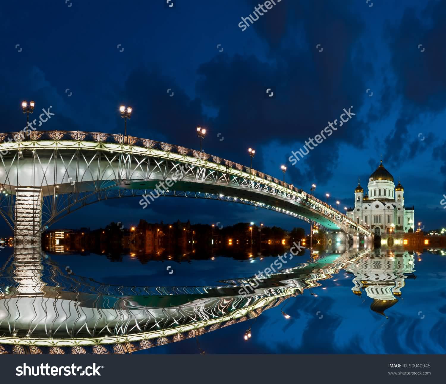 Water Reflection Of Cathedral Of Christ The Saviour And Bridge At Night