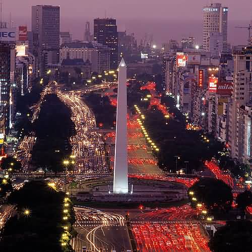 Aerial View Of The Obelisco de Buenos Aires At Dusk