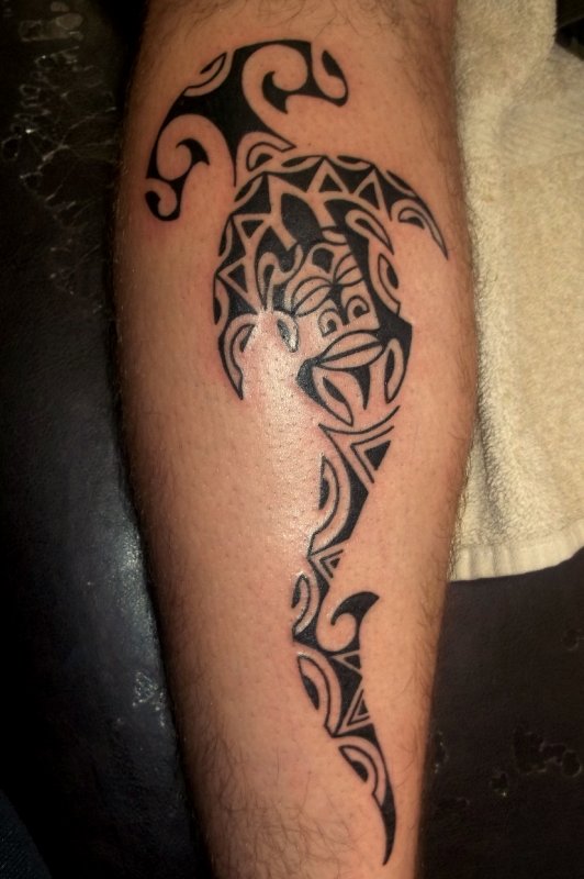 Awesome Black Maori Hammerhead Shark Tattoo Design For Leg Calf