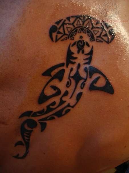 Black Ink Maori Hammerhead Shark Tattoo Design For Back