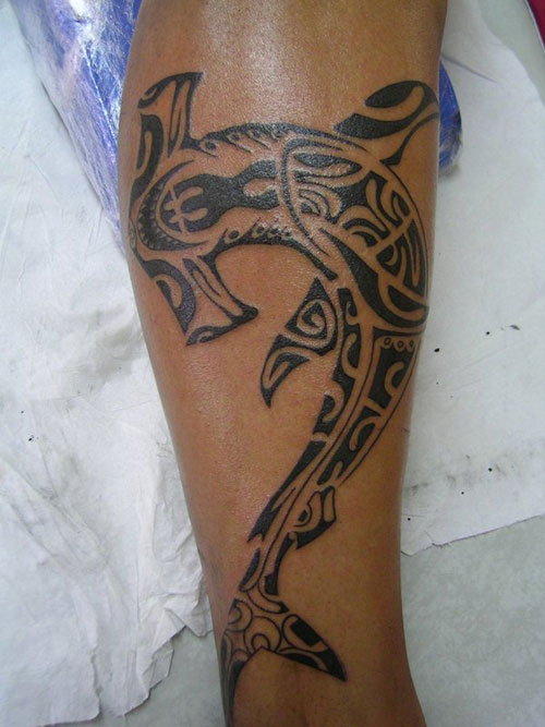 Black Ink Maori Hammerhead Shark Tattoo Design For Leg