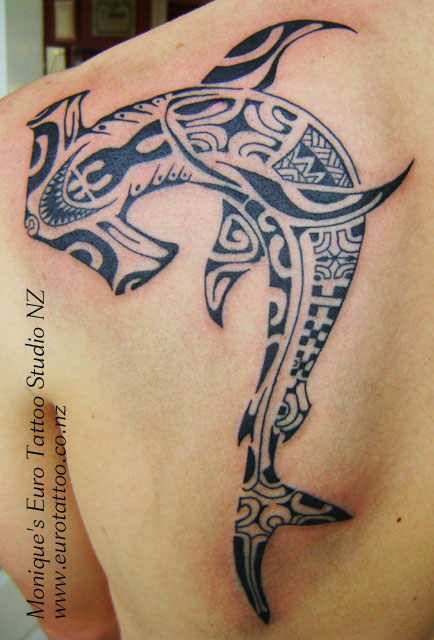 Black Ink Maori Hammerhead Shark Tattoo On Man Left Back Shoulder