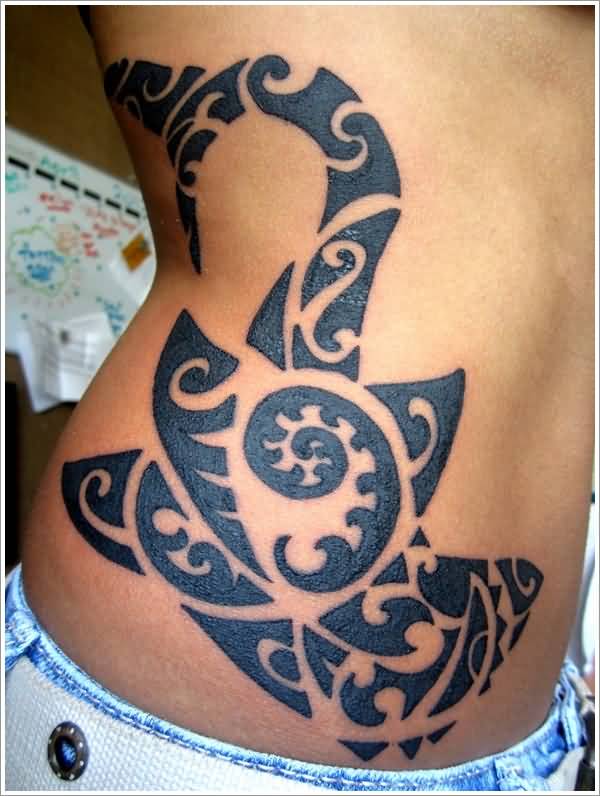 Black Ink Maori Shark Tattoo On Right Side Rib