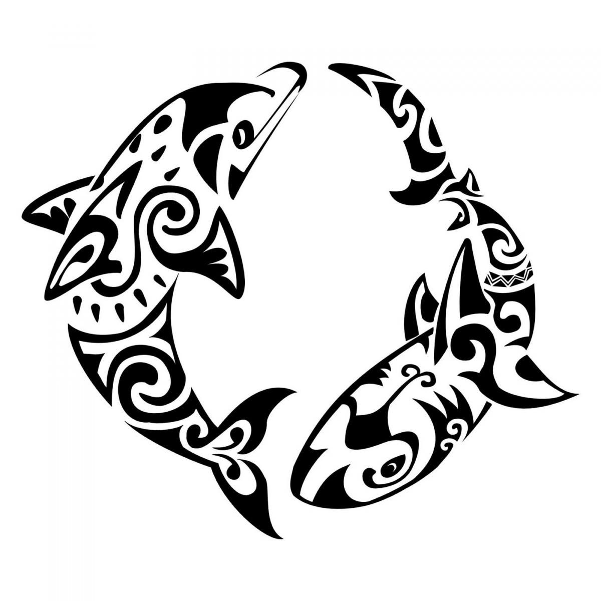 Black Maori Shark With Dolphin Tattoo Design