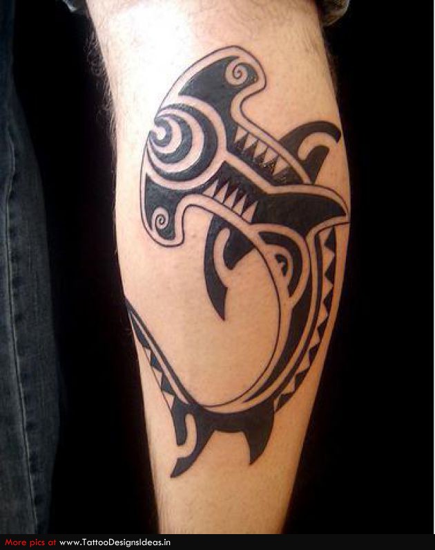 Cool Black Ink Maori Shark Tattoo On Leg Calf