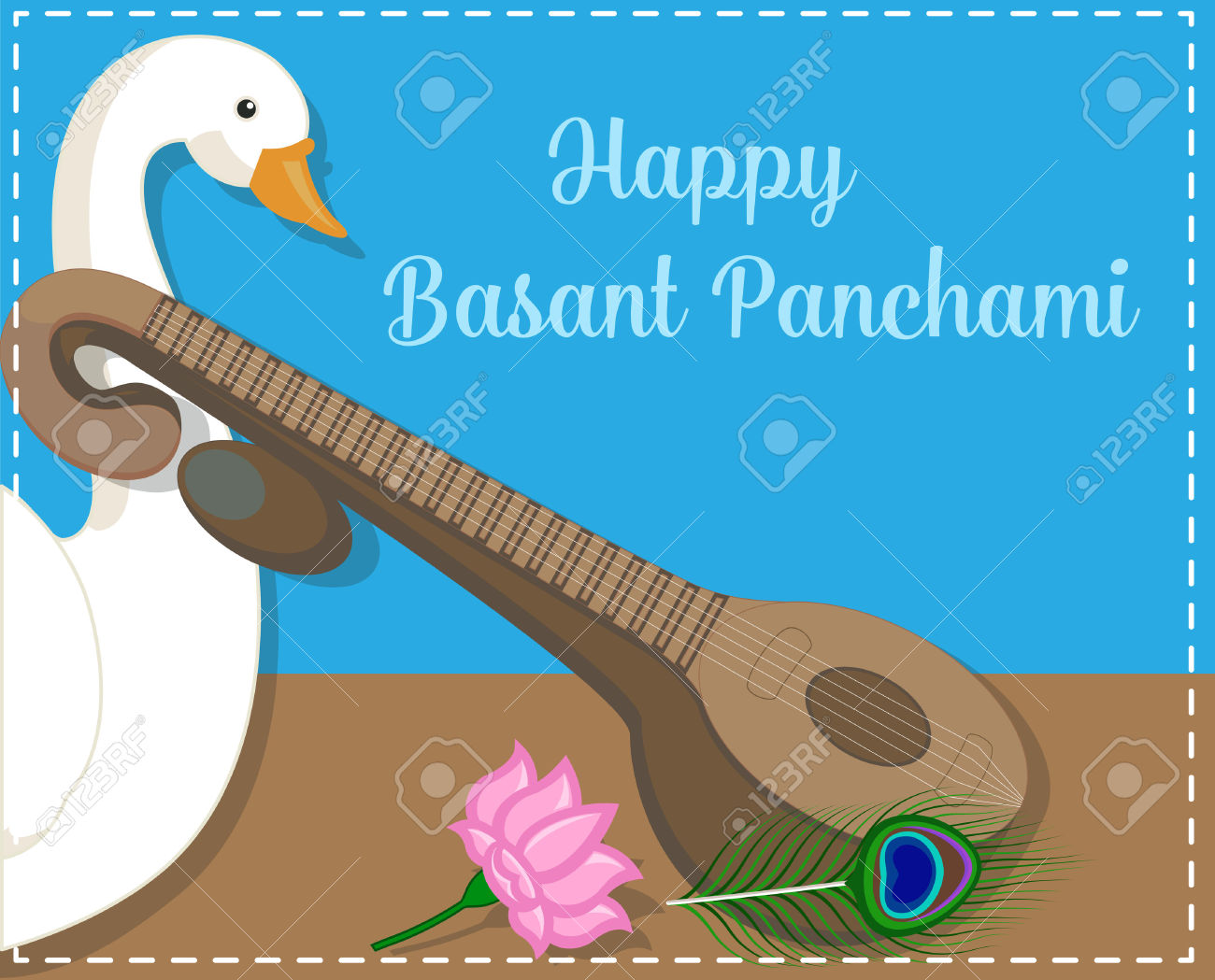 Happy Basant Panchami Flamingo And Sitar Illustration